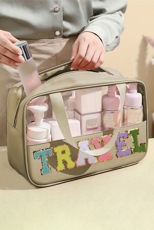 Mintgrüne Reise-Kosmetiktasche aus transparentem PVC mit Chenille-Buchstaben