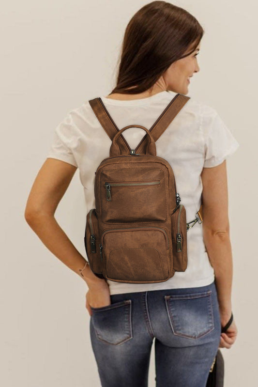 Kastanienbrauner Retro-Rucksack mit mehreren Taschen und Reißverschluss