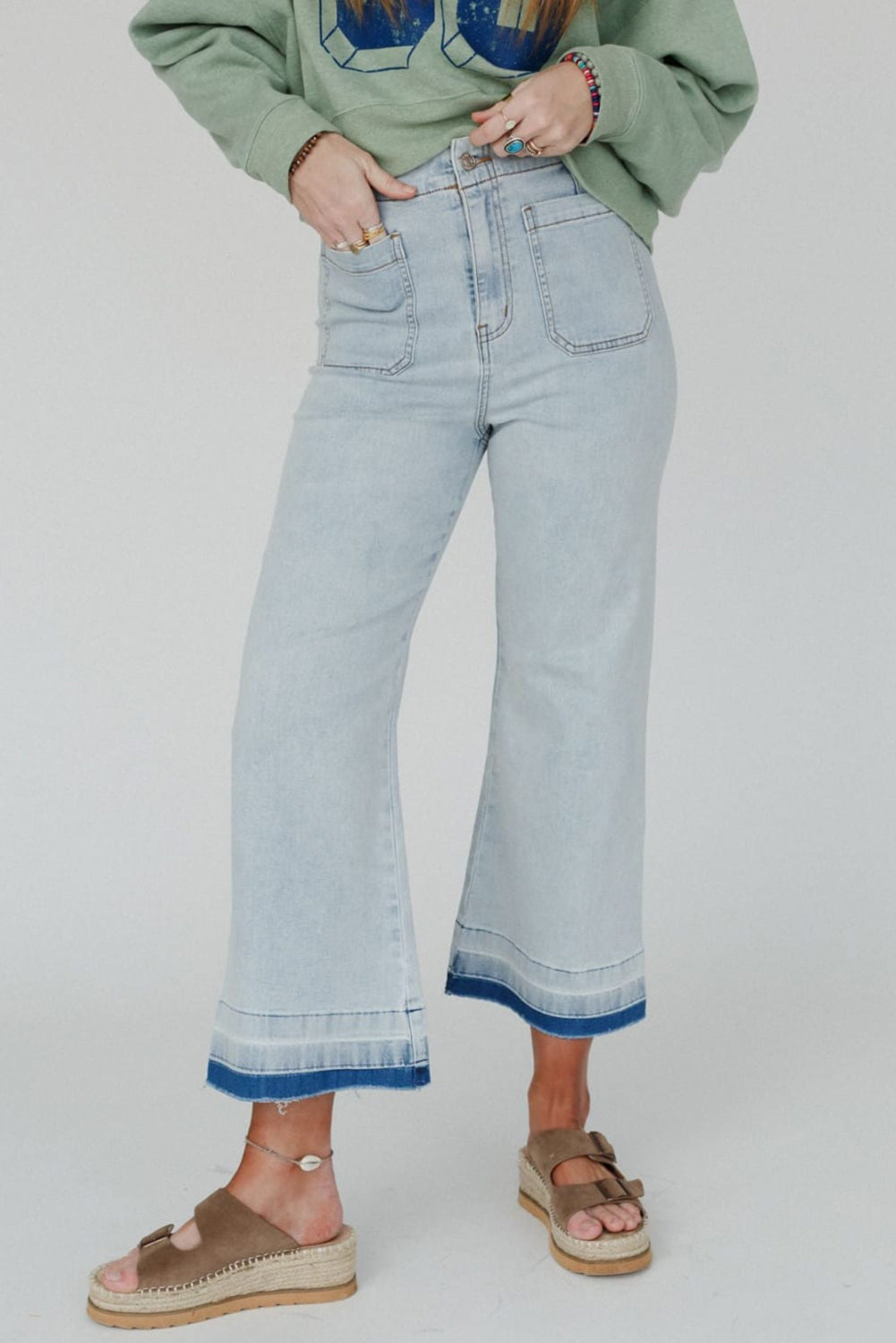 Beau Blue Acid Washed Contrast Hem Pocketed Cropped Jeans